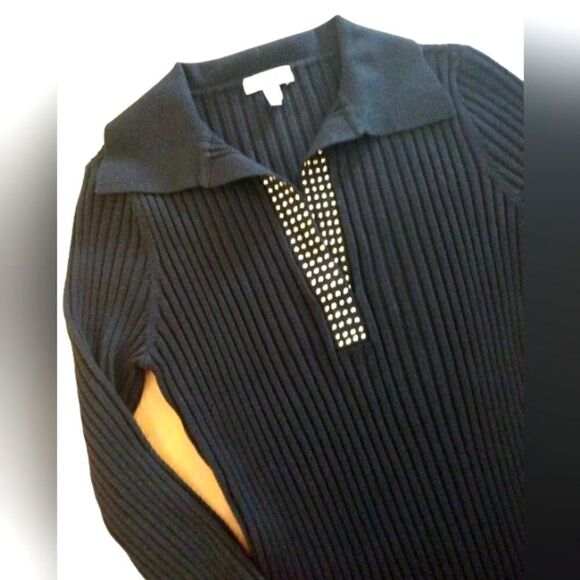 Cache Ribbed V Neck Collered Sweater w/ Gold Applique SZ medium - Picture 3 of 11